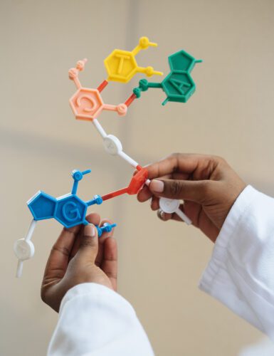 Two hands piecing together plastic pieces representing molecules.