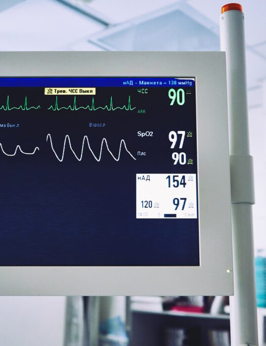 A screen showing a patient's heart rate and blood pressure data.