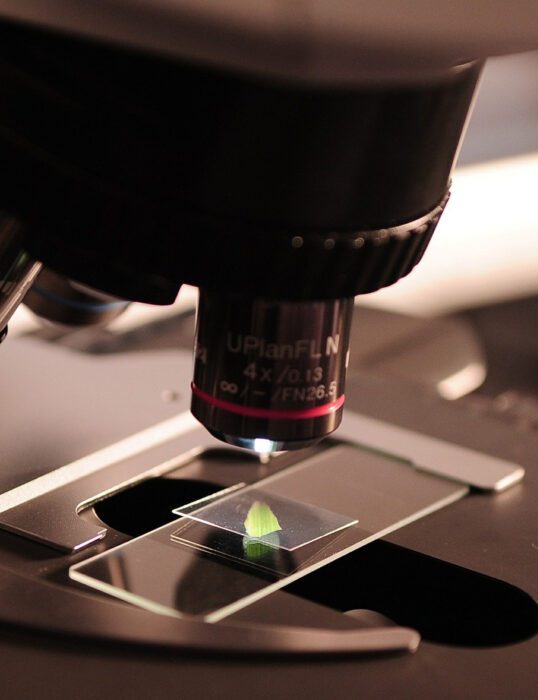 A microscope pointed at a sample on a glass slide.