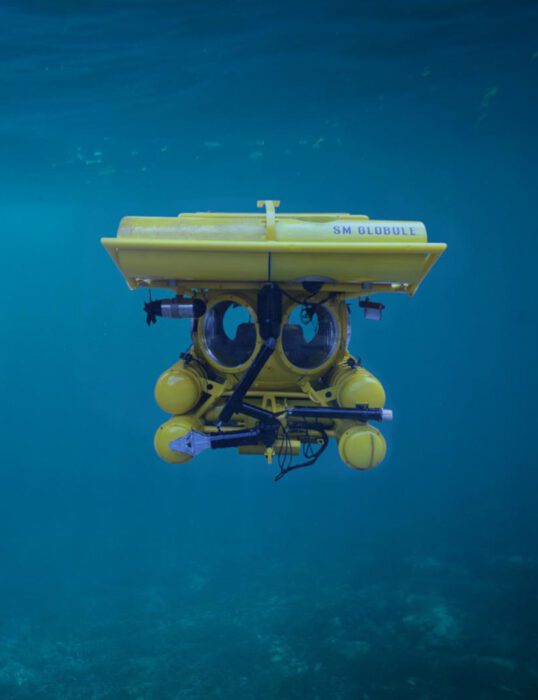 An underwater remotely operated vehicle.