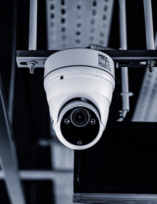 A ceiling-mounted security camera.