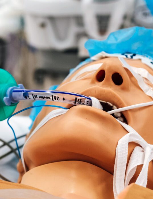 A medical dummy lying down with a manual resuscitator in its mouth.