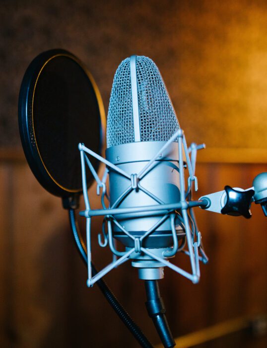 A microphone in a recording booth.