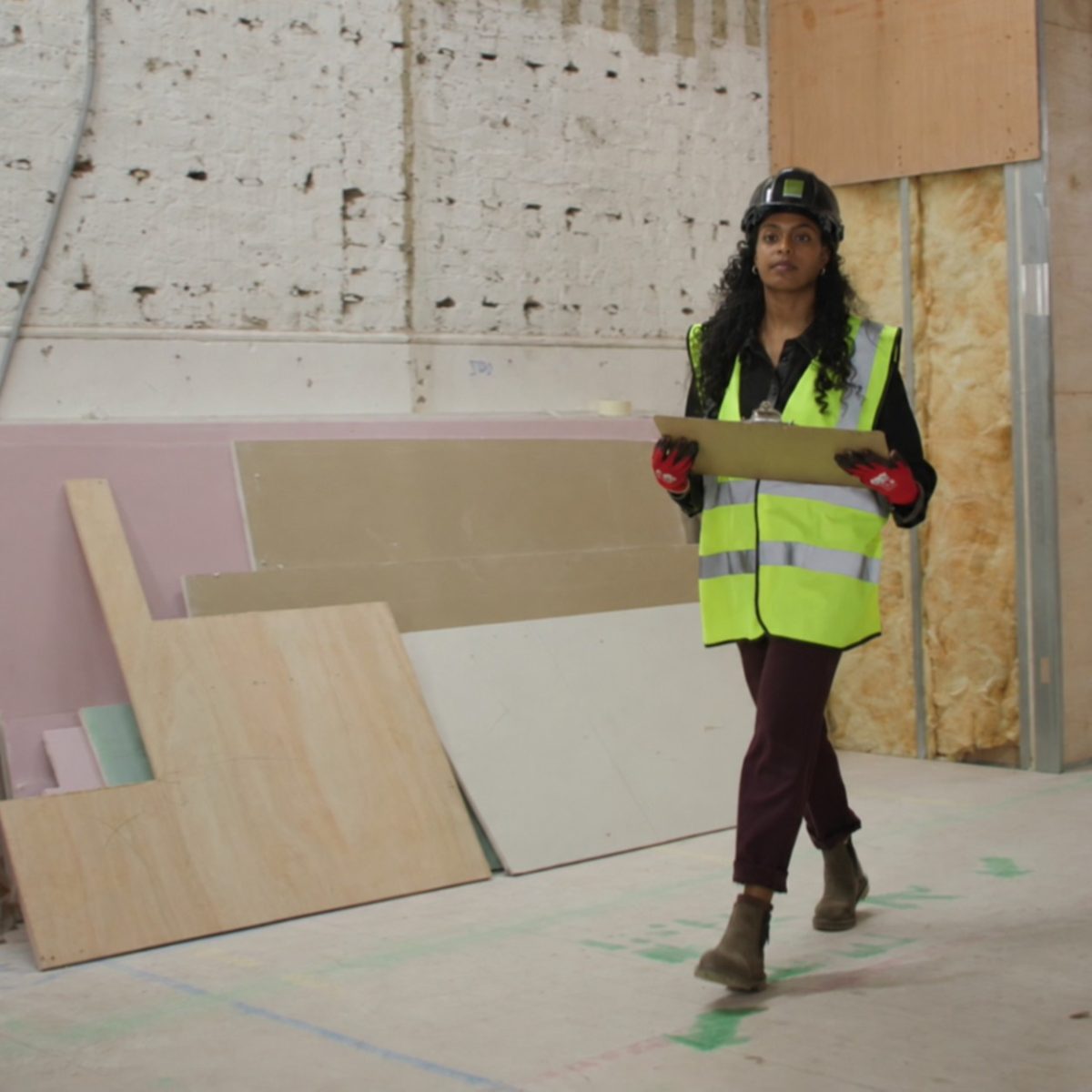 Building Services Technician Leteesha, walking through a construction site, wearing a hi-vis vest, hard hat and gloves.