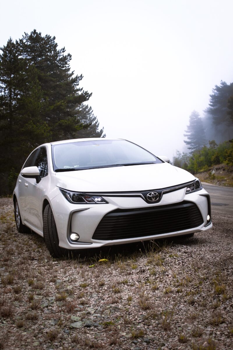 A car parked on a forest road.
