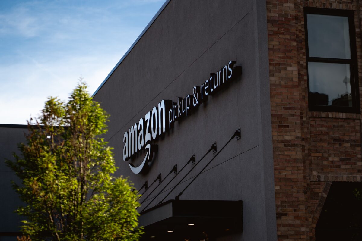 The exterior of an Amazon warehouse.
