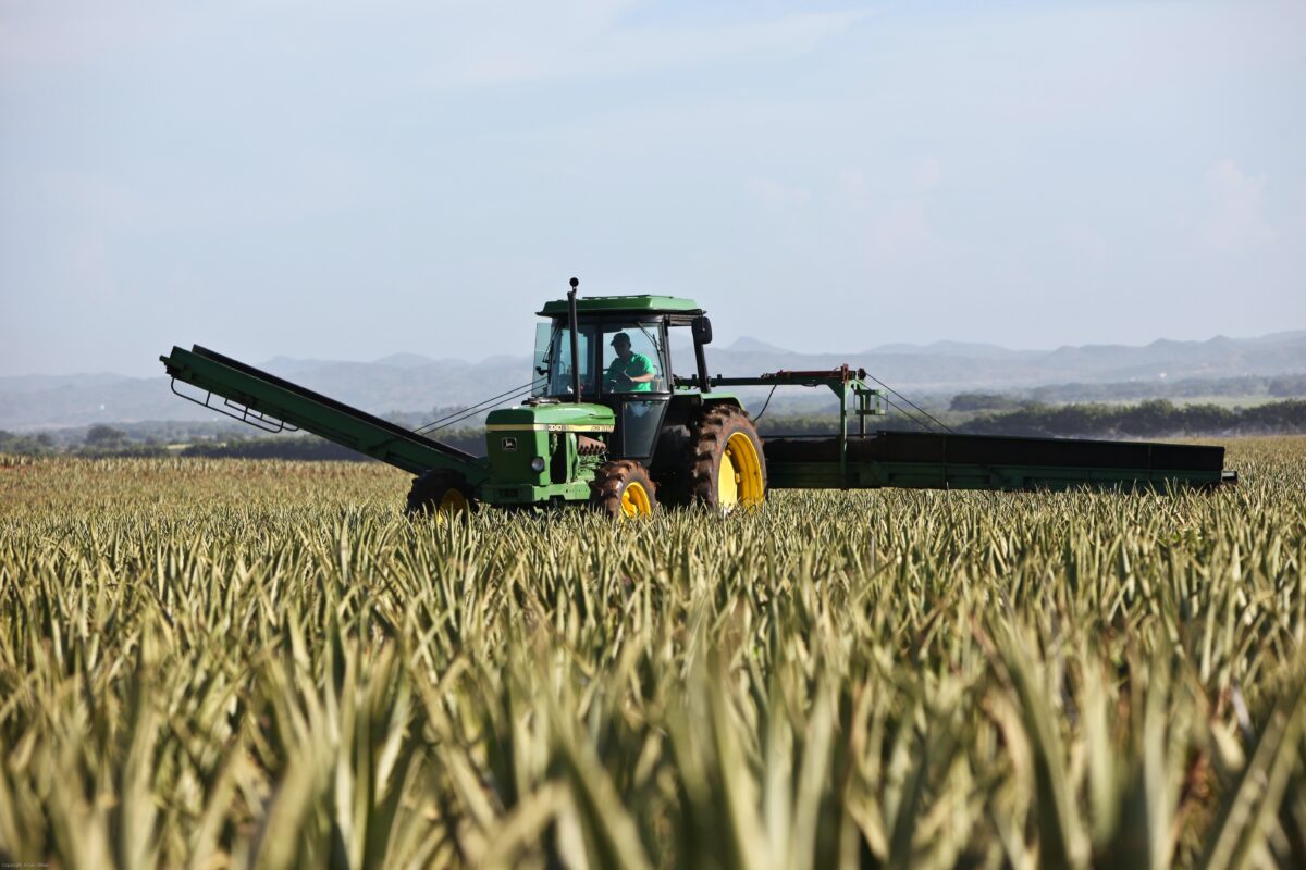A tractor pulling harvesting machinery, driving through a field of wheat.
