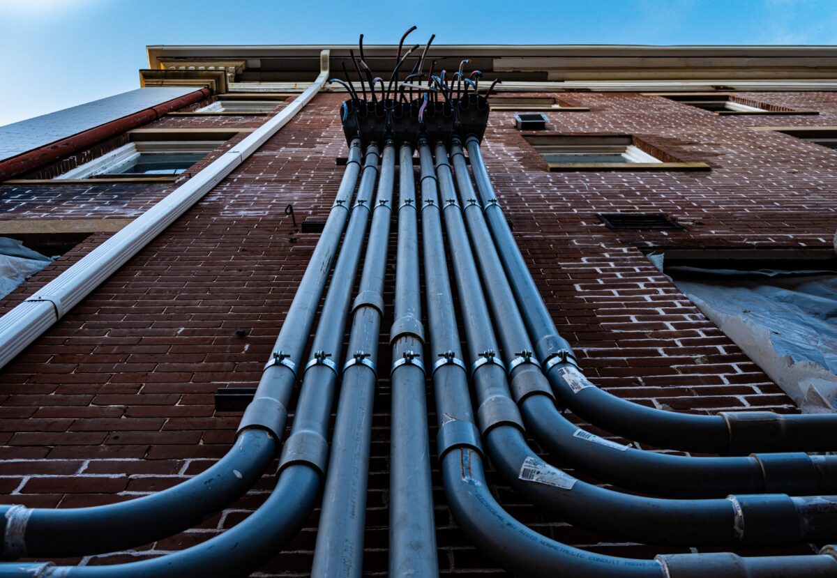 Pipework on the outside of building.