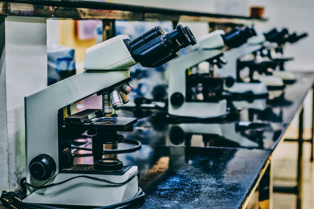 A row of microscopes on a desk, in a school lab.