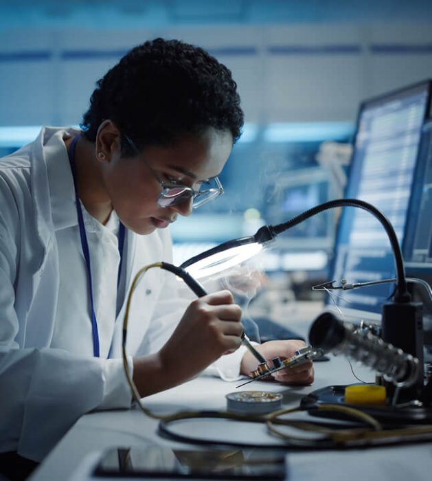 A woman sat at a desk in front of a computer playing with electronic devices under a spotlight
