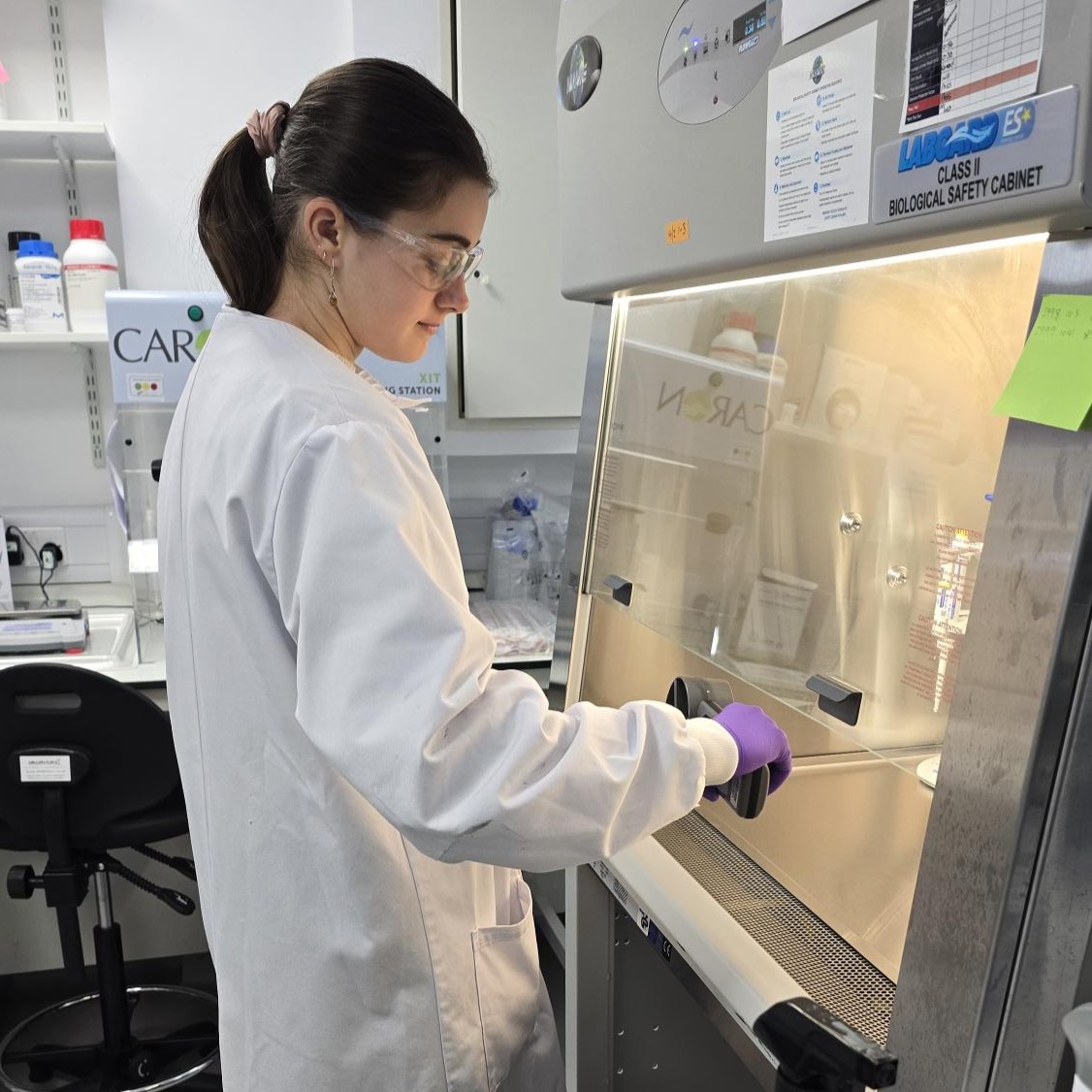 Research Laboratory Technician Eve, in the lab, wearing a lab coat, safety glasses, and latex gloves, working with chemicals in a fume cupboard.