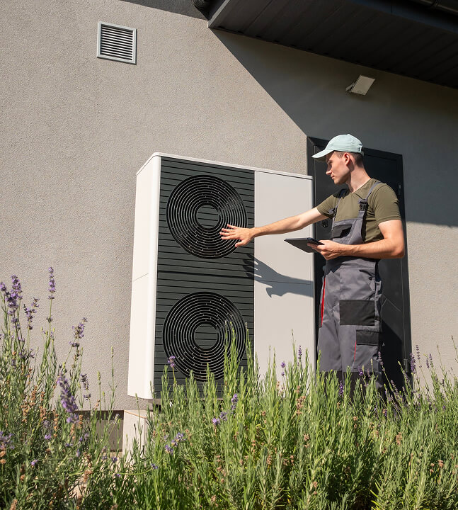 A man holding a tablet in one hand and reaching out to an external fan unit on the outside of a building.