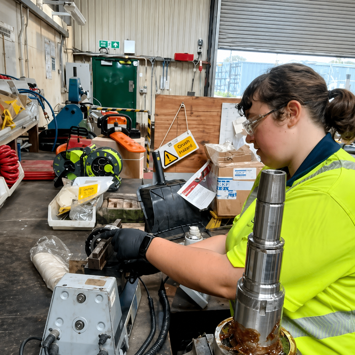 Mechanical Engineering Technician Rebekah, wearing a hi-vis vest, gloves and safety goggles, using a tabletop tool in the workshop.