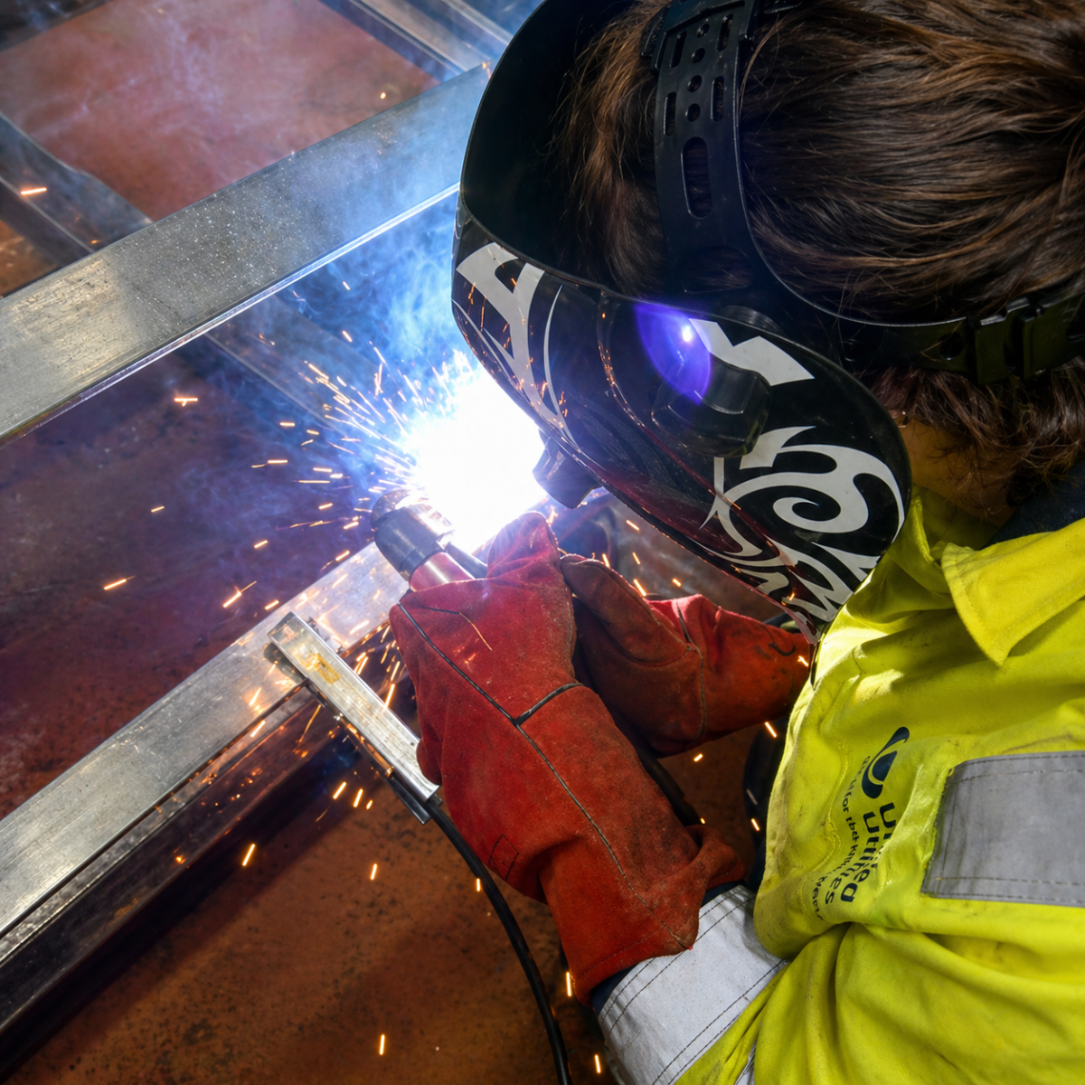 Mechanical Engineering Technician Rebekah, wearing a hi-vis coat, gloves and a safety mask, welding panels together.