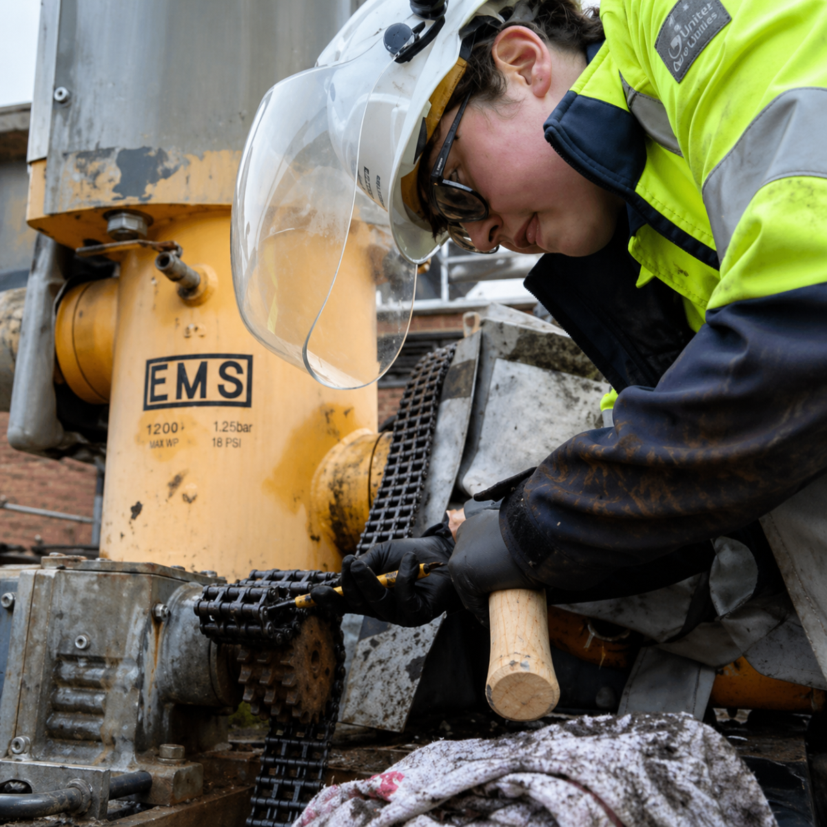 Mechanical Engineering Technician Rebekah, wearing a hi-vis coat, gloves, safety glasses and a hard hat, inspecting a mechanical drive belt on a piece of machinery outside.