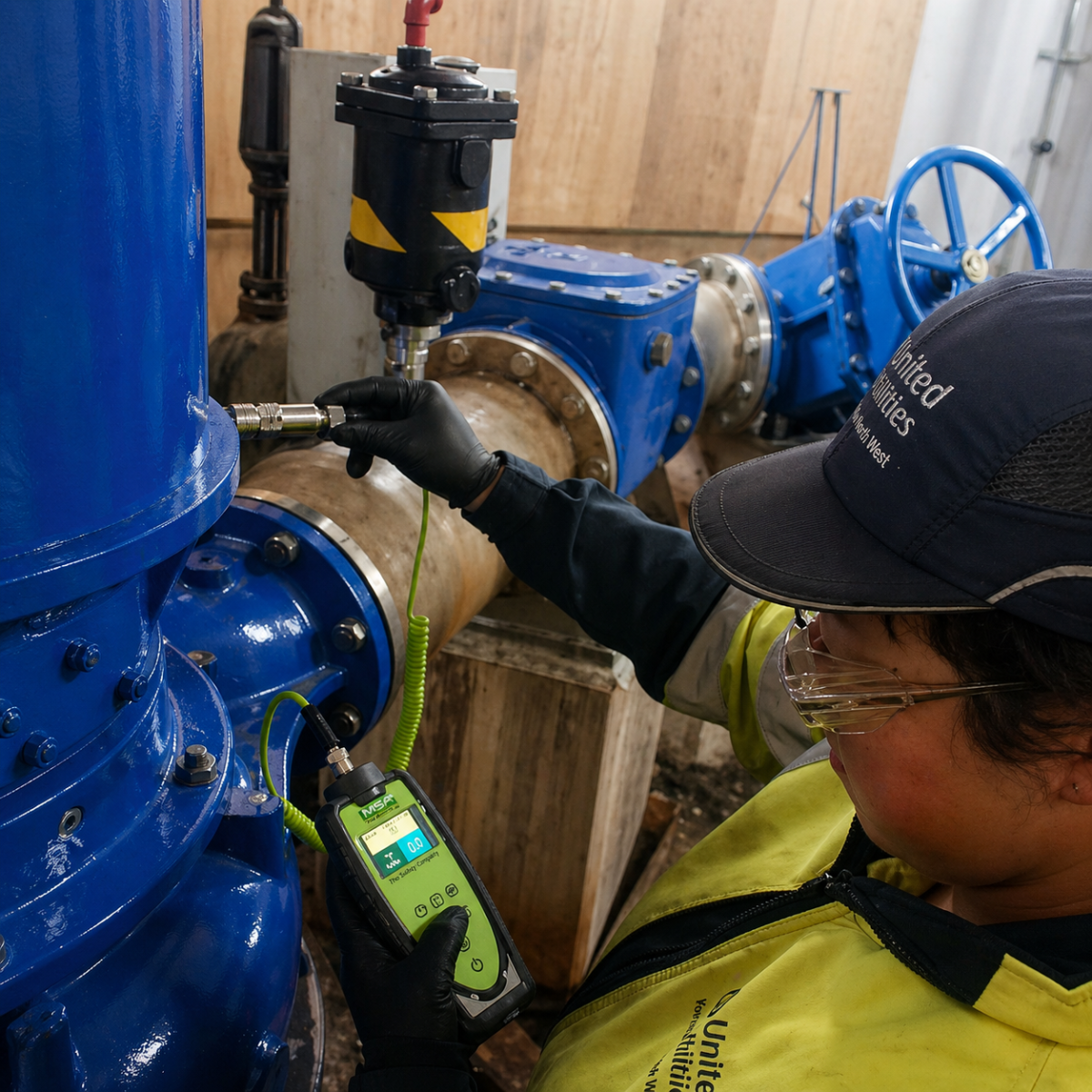 Mechanical Engineering Technician Rebekah, wearing a hi-vis coat, gloves, safety glasses, and baseball cap, using a handheld device to take readings from large industrial pipes.