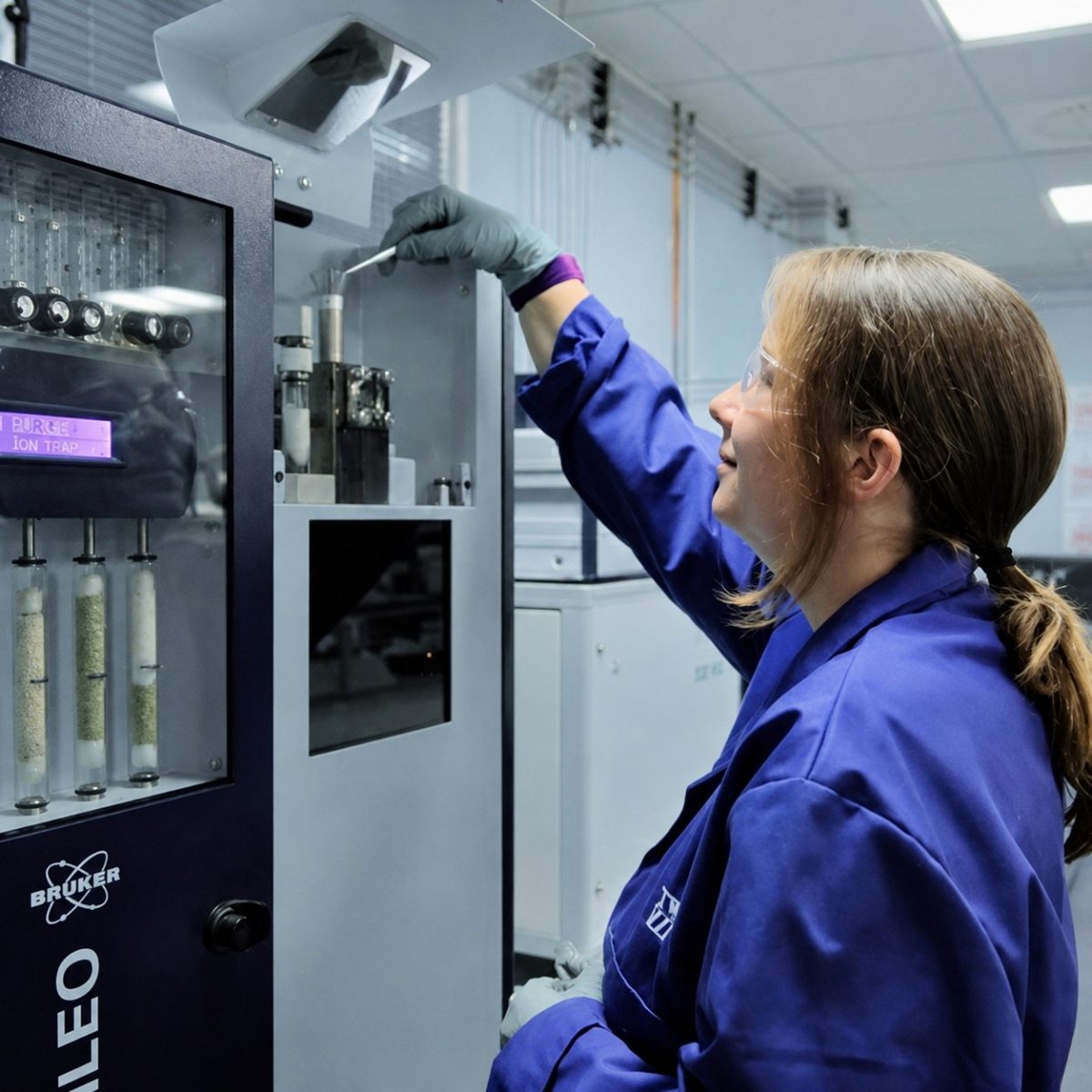 Testing Engineering Technician Sophie, wearing a lab coat, gloves, and safety glasses, using a swab to adjust equipment in a laboratory.