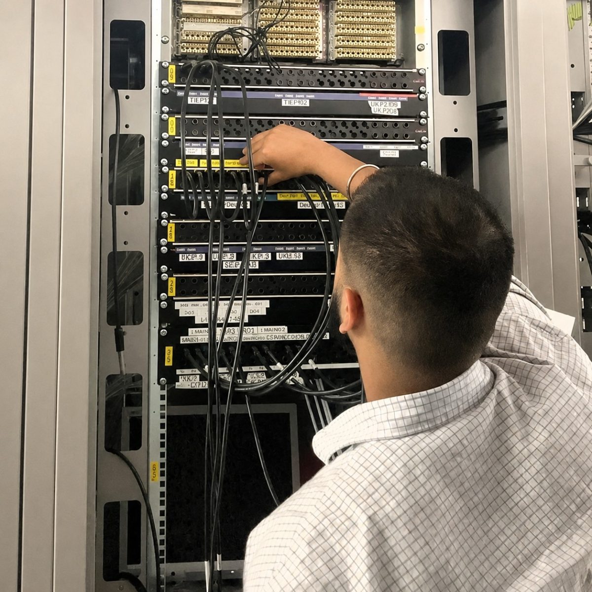 Testing Engineering Technician Arrun, stood at a server rack containing computer parts and lots of wires, adjusting a cable.
