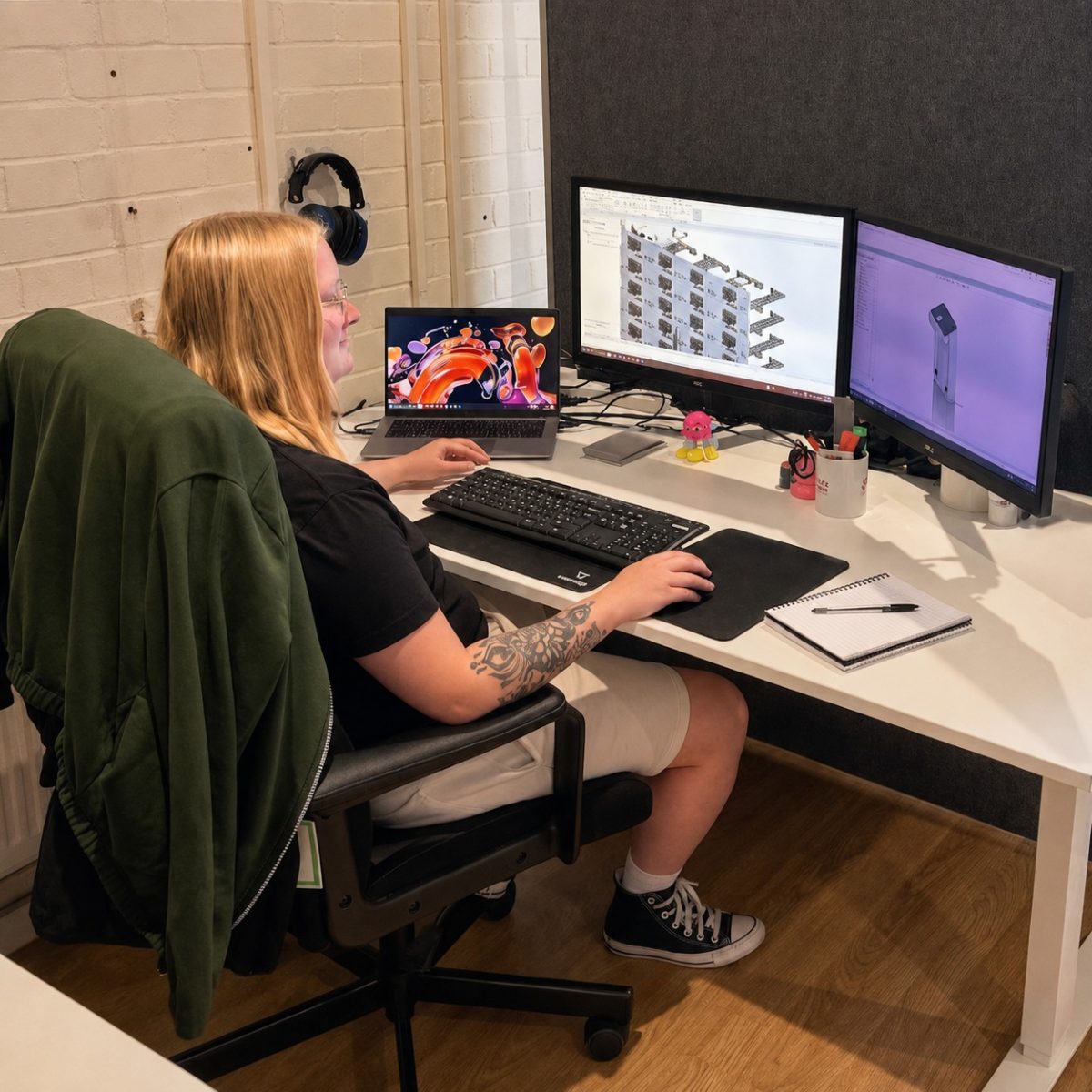 Battery technician Siobhan, sat at her desk in an office, working across a laptop and two large monitors, displaying 3D CAD designs. A keyboard, mouse, notebook and desk accessories are arranged around the workstation.