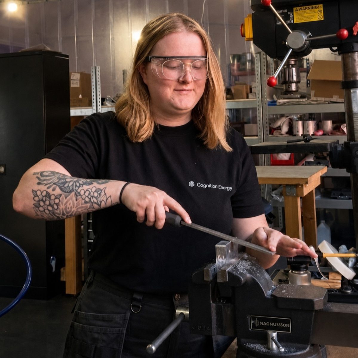 Battery technician Siobhan, wearing safety glasses, filing a metal component held in a bench vice in a workshop, with industrial equipment, shelving and a drill press in the background.