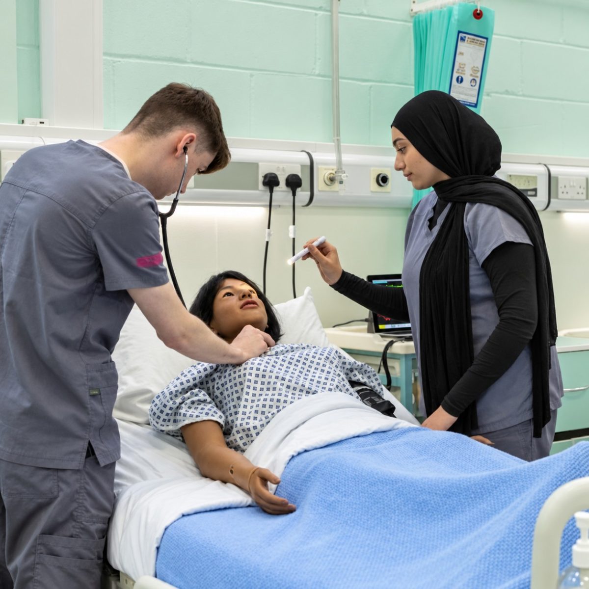 Simulation Technician Aliya, standing by a hospital bed with a colleague, shining a torch into the eyes of a simulation mannikin laying in the bed.
